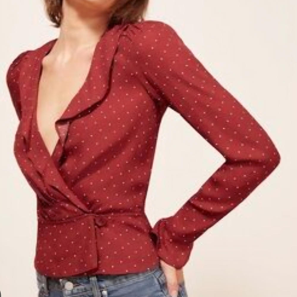 Reformation Burgundy Polka Dot Wrap Blouse